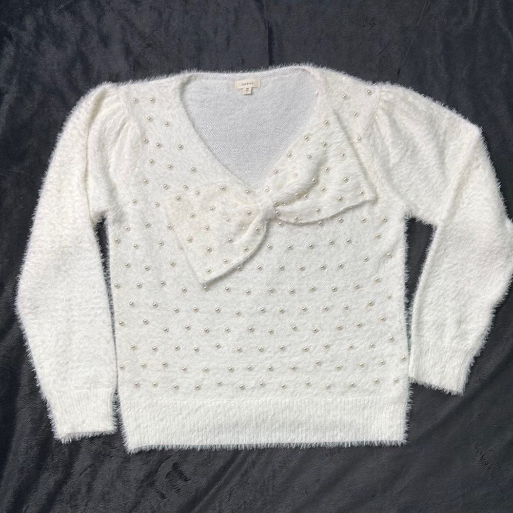Debut Ivory Pearl Bow Sweater | Feminine Soft Knit Vintage Charm Size L